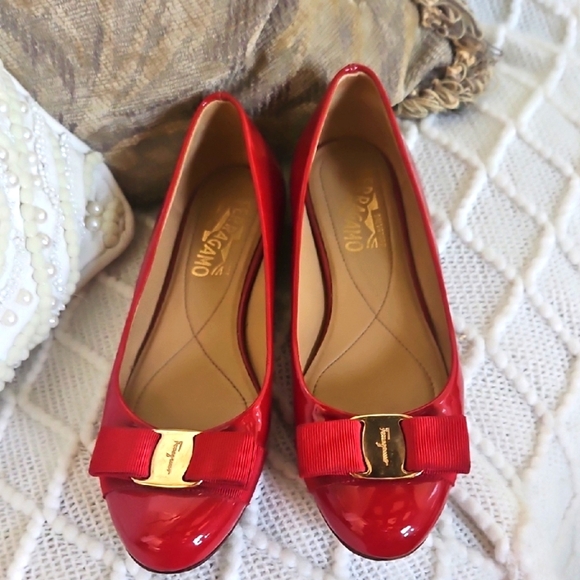 Salvatore Ferragamo Shoes - Salvatore Ferragamo Red Patent Leather Vara Bow Flats